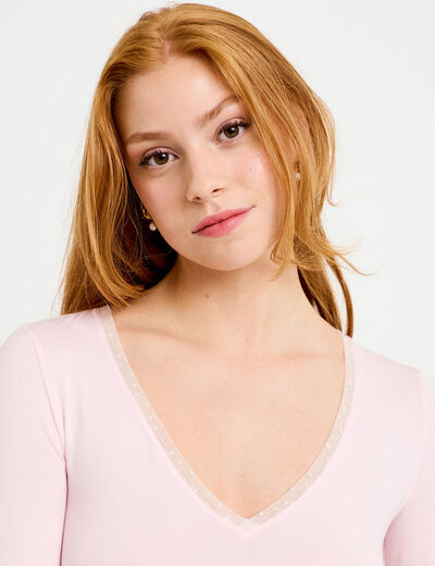 T-shirt thermique col en V plumetis rose clair femme