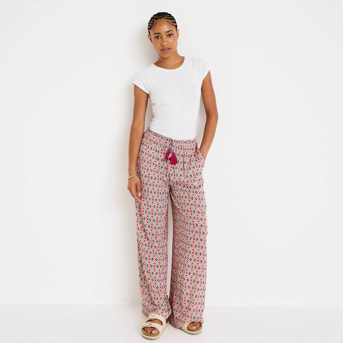 Pantalon large taille standard blanc femme