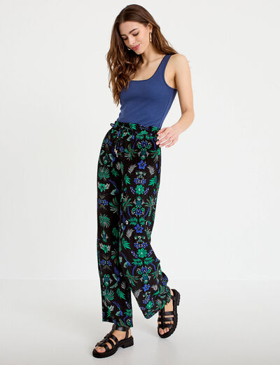 Pantalon large taille standard pliss&eacute; noir femme