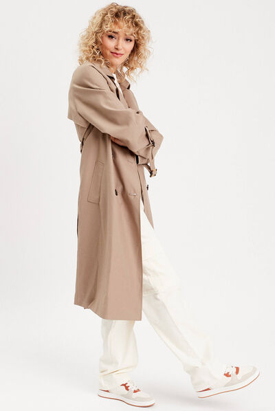 Trench long cintré ceinturé sable femme