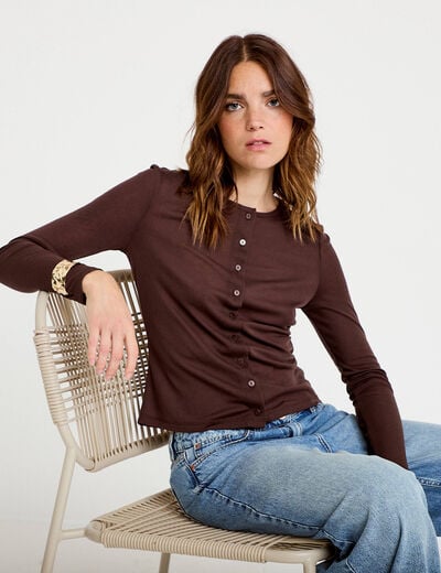 Gilet ajust&eacute; col rond manches longues marron fonc&eacute; femme