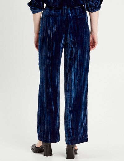 Pantalon large fluide velours bleu foncé femme
