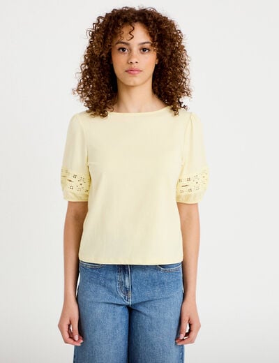 T-shirt col rond manches courtes jaune pastel femme