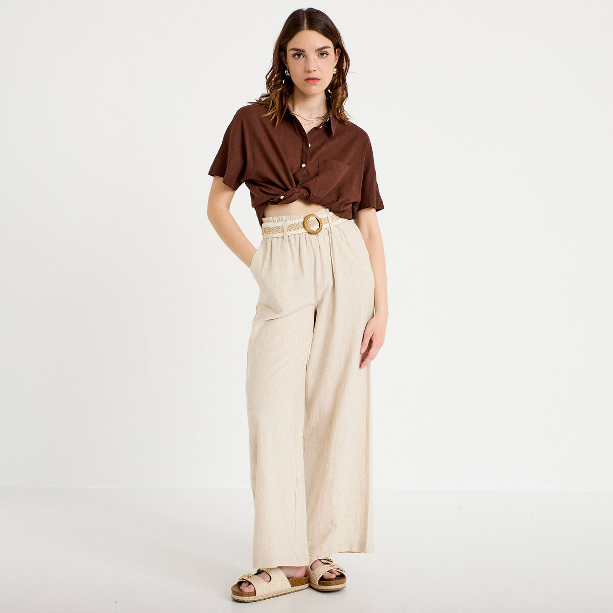 Pantalon large avec ceinture amovible beige femme