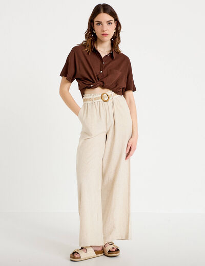 Pantalon large avec ceinture amovible beige femme
