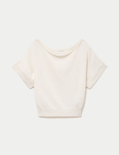 Pull ample cropped manches courtes ecru femme