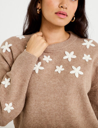 Pull oversize brod&eacute; manches longues beige femme