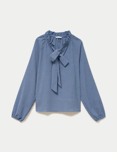 Blouse col montant manches longues bleu femme