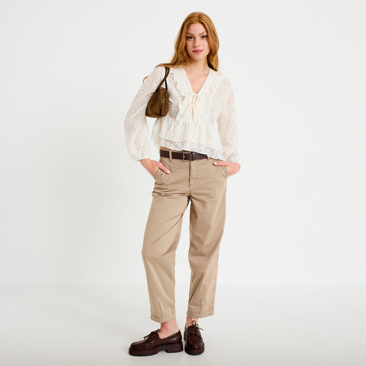 Blouse col v manches longues ecru femme