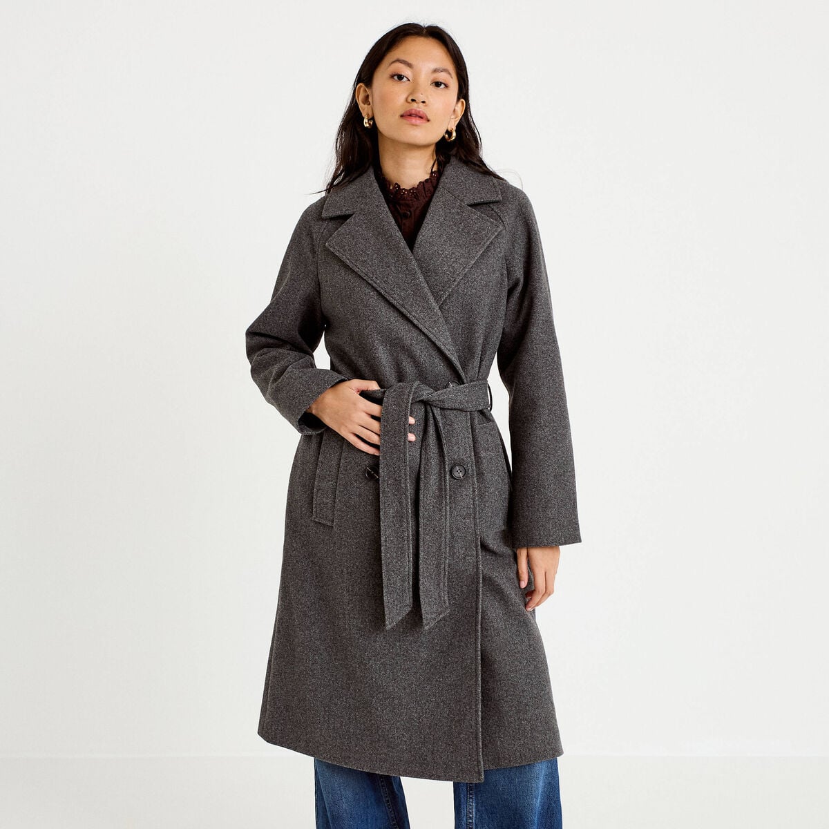 Manteau droit mi-long &agrave; manches longues gris femme