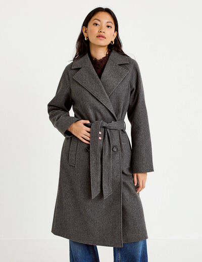 Manteau droit mi-long &agrave; manches longues gris femme