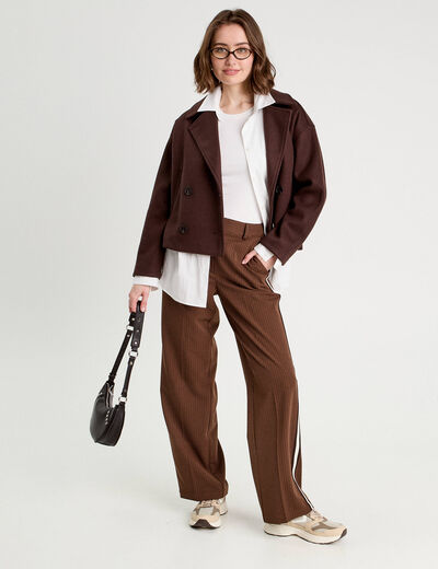 Pantalon large bandes c&ocirc;t&eacute;s marron fonc&eacute; femme