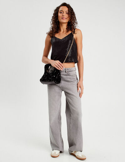 Débardeur cropped paillettes noir femme