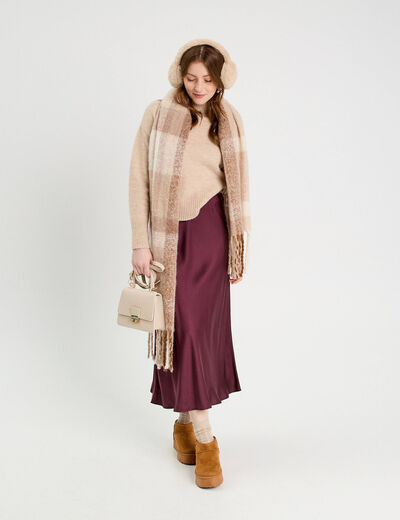 Jupe midi droite effet satin prune femme