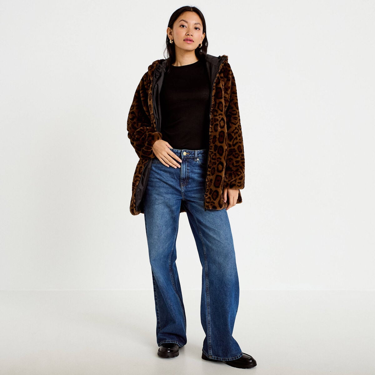 Parka r&eacute;versible 3/4 &agrave; capuche noir femme