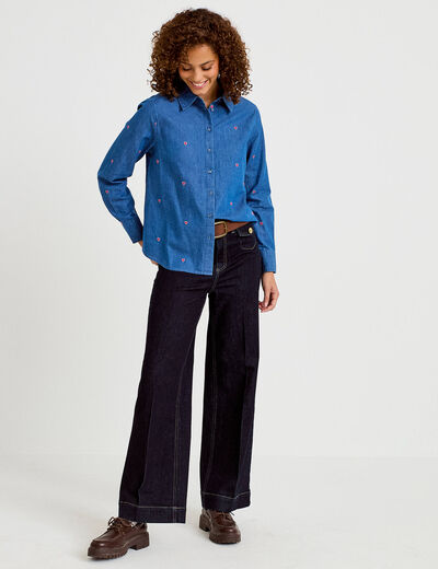 Chemise droite en jean col am&eacute;ricain denim stone femme