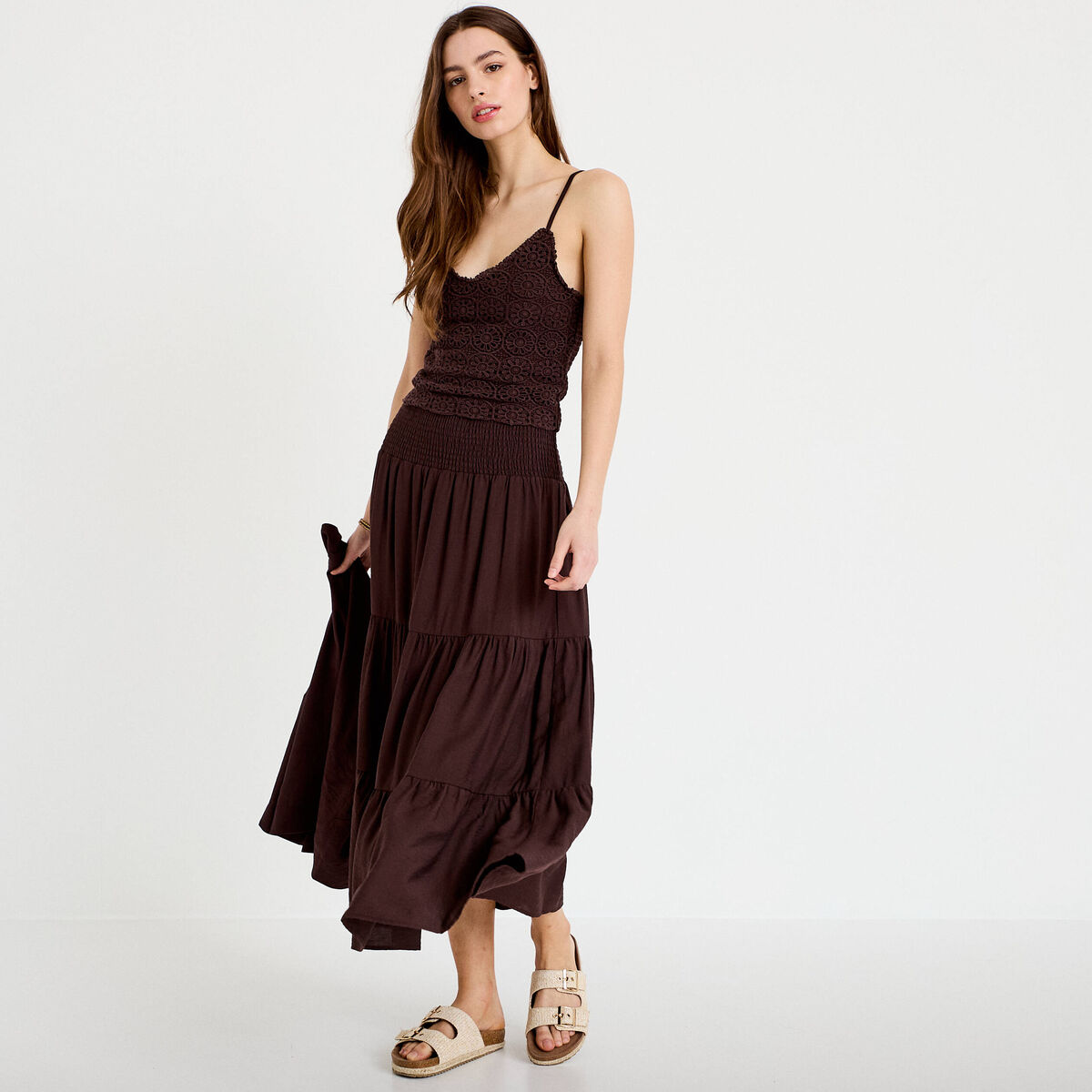 Jupon &eacute;vas&eacute; taille haute marron fonc&eacute; femme