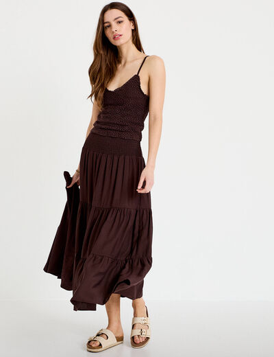 Jupon &eacute;vas&eacute; taille haute marron fonc&eacute; femme