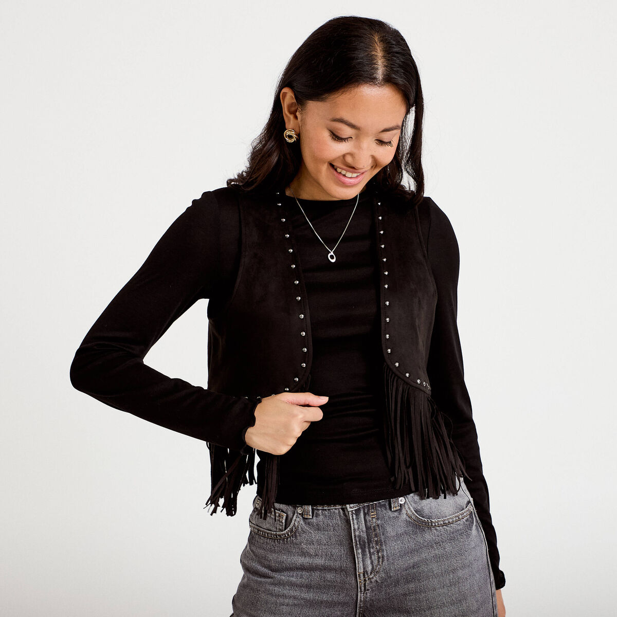 Gilet droit sans manches aspect daim noir femme