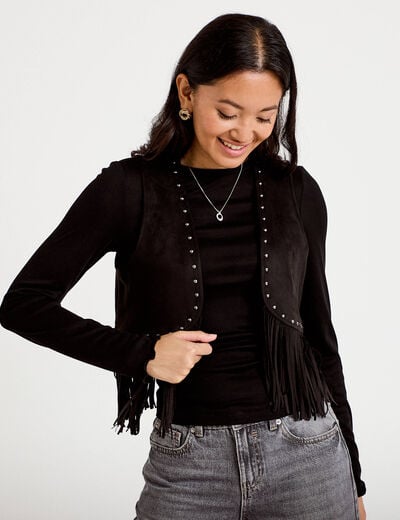 Gilet droit sans manches aspect daim noir femme
