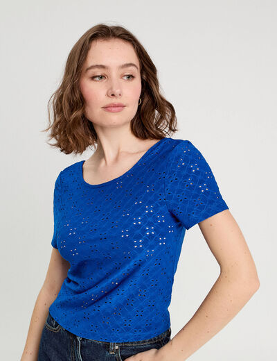 T-shirt broderie anglaise bleu electrique femme