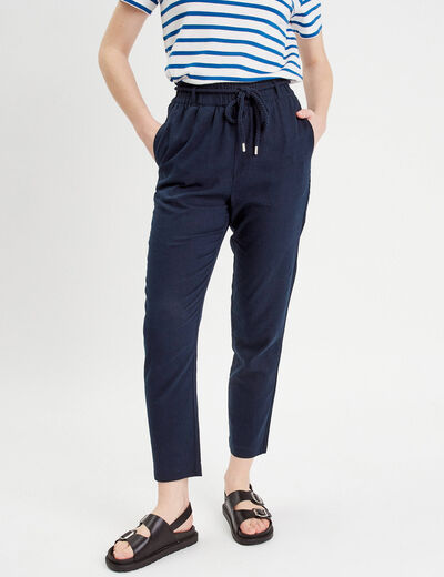 Pantalon droit fluide contenant du lin bleu marine femme