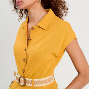 Combishort ceinturée contenant du lin jaune citron femme