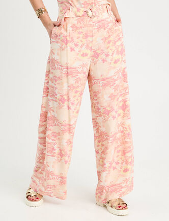 Pantalon large avec ceinture beige femme