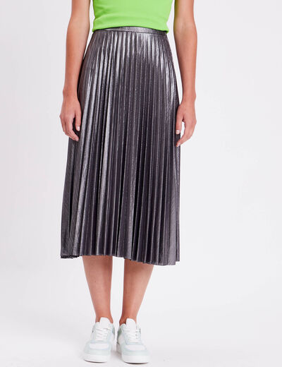 Jupe midi évasée plissée gris argent femme