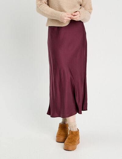 Jupe midi droite effet satin prune femme