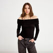 T-shirt col bardot brillant noir femme