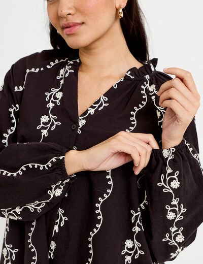 Blouse droite col am&eacute;ricain broderie noir femme