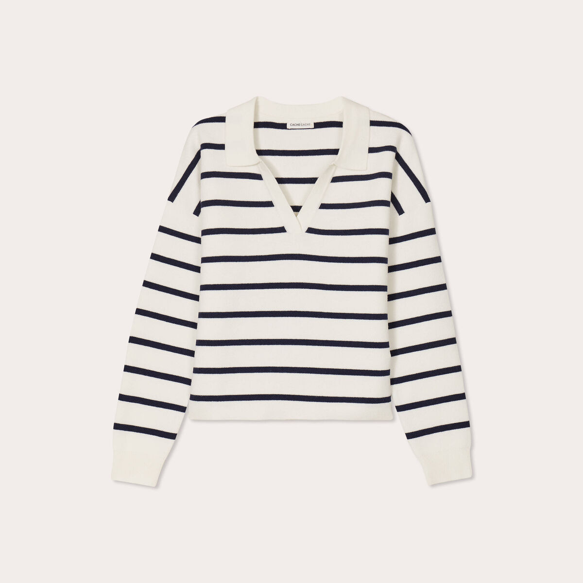 Pull manches longues col polo ecru femme