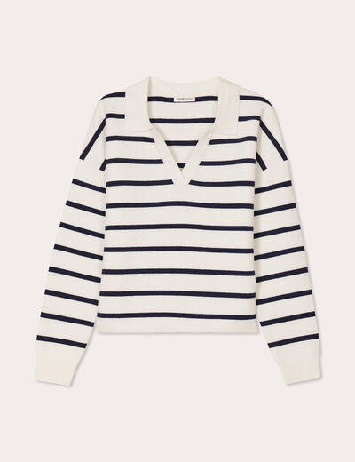 Pull manches longues col polo ecru femme