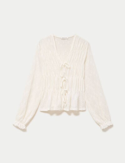 Blouse ajust&eacute;e col v dentelle pliss&eacute;e ecru femme
