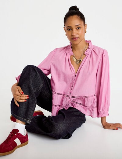 Blouse cintr&eacute;e col v manches 3/4 mauve femme