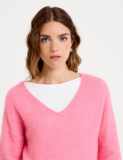 Pull avec col en V rose vif femme