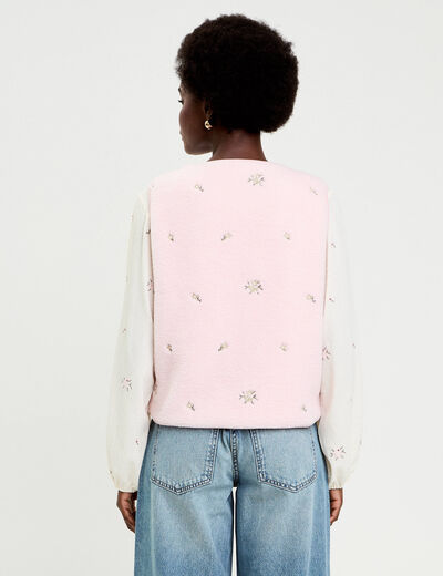 Gilet sans manches brod&eacute; effet polaire vieux rose femme
