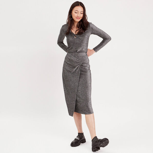 jupe midi moulante drapee gris argent femme Jupe midi moulante drapée gris argent femme