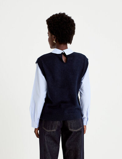 Pull fin 2-en-1 manches longues bleu marine femme