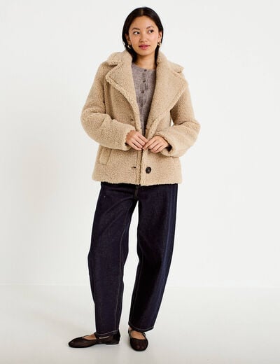 Manteau droit bouclettes col tailleur beige femme