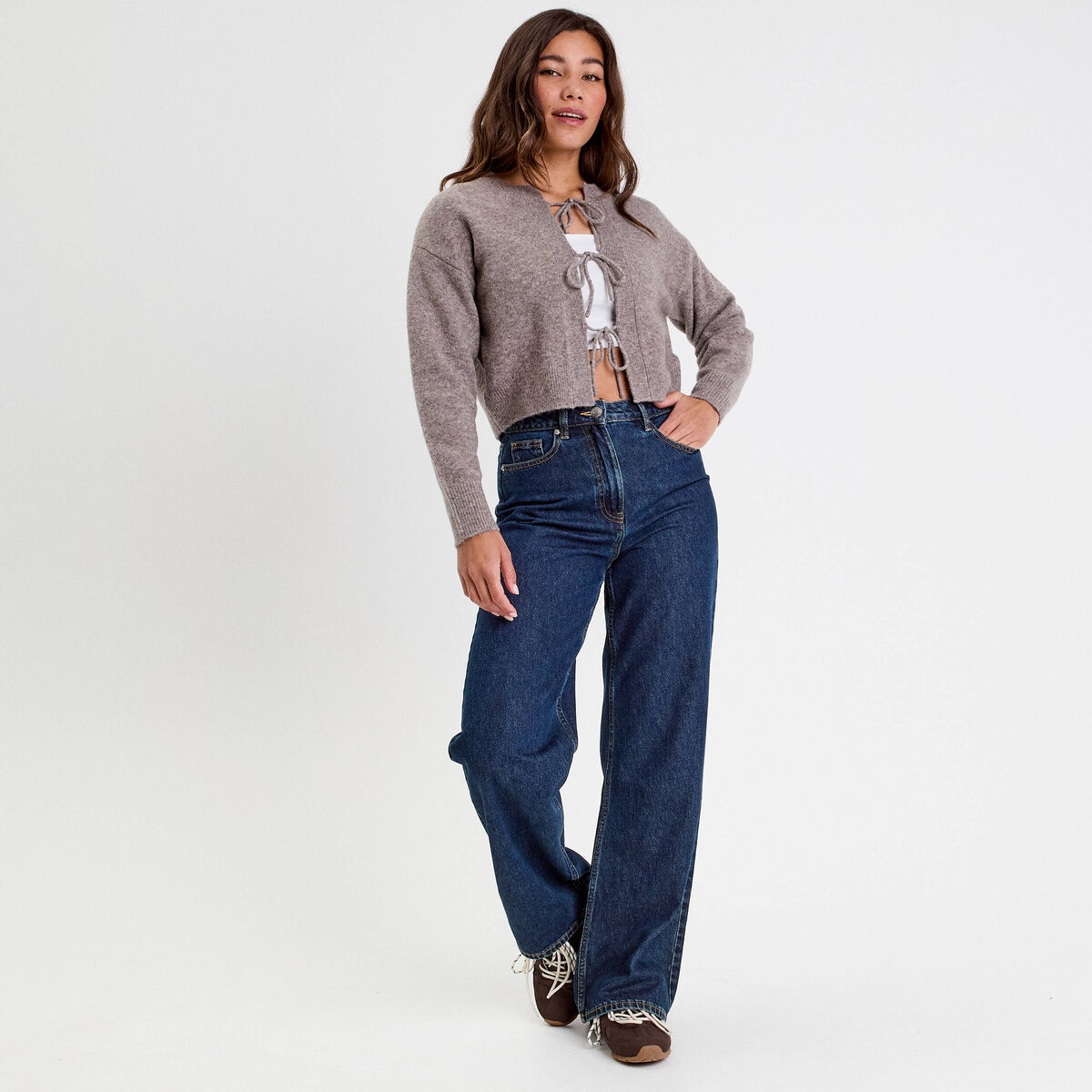 Gilet manches longues noué taupe femme
