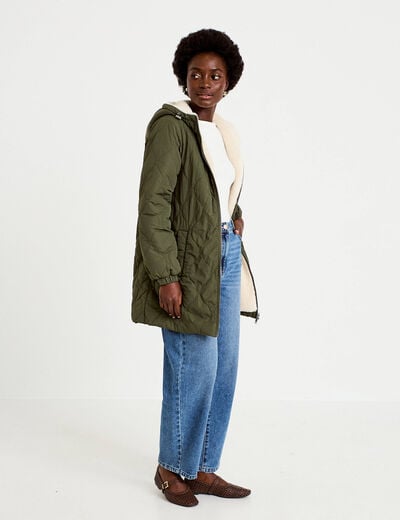 Parka r&eacute;versible effet polaire vert kaki femme