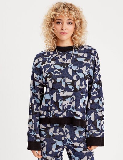 Pull manches longues col rond bleu marine femme