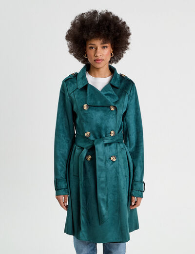 Trench long cintré suédine bleu canard femme