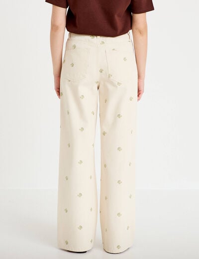 Jean wide leg taille haute brod&eacute; denim blanc femme