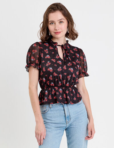 Blouse col V manches courtes noir femme