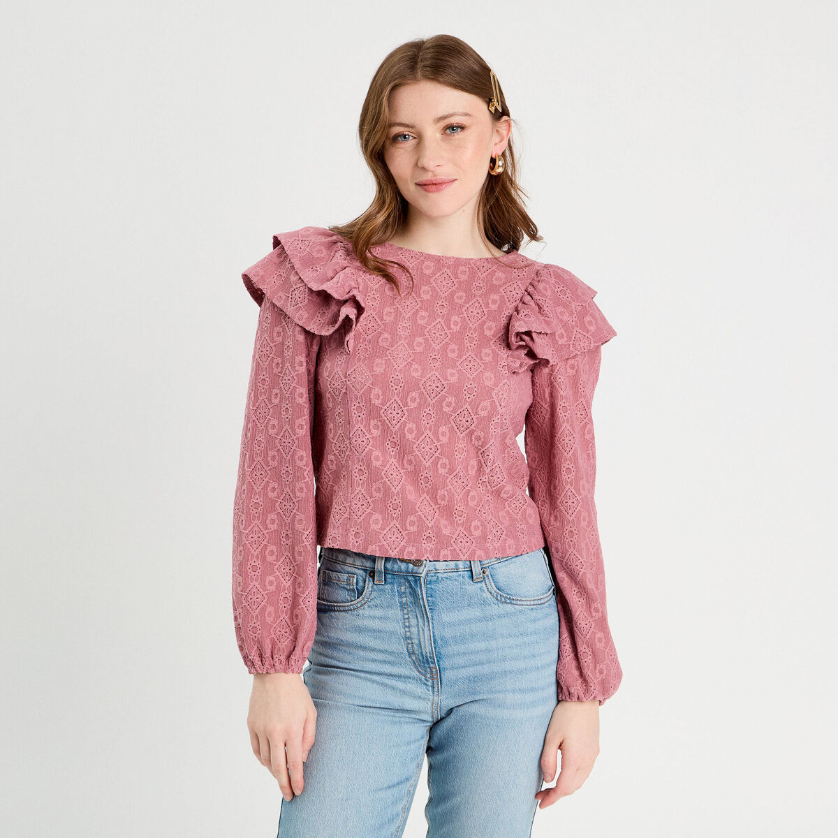 Blouse brodée avec volants vieux rose femme