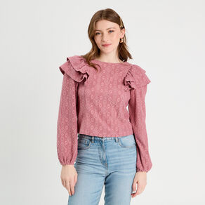 Blouse brodée avec volants vieux rose femme