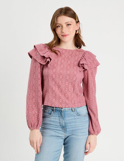 Blouse brodée avec volants vieux rose femme